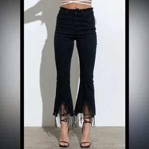 Elegant Black Fringed Women's Flare Jeans